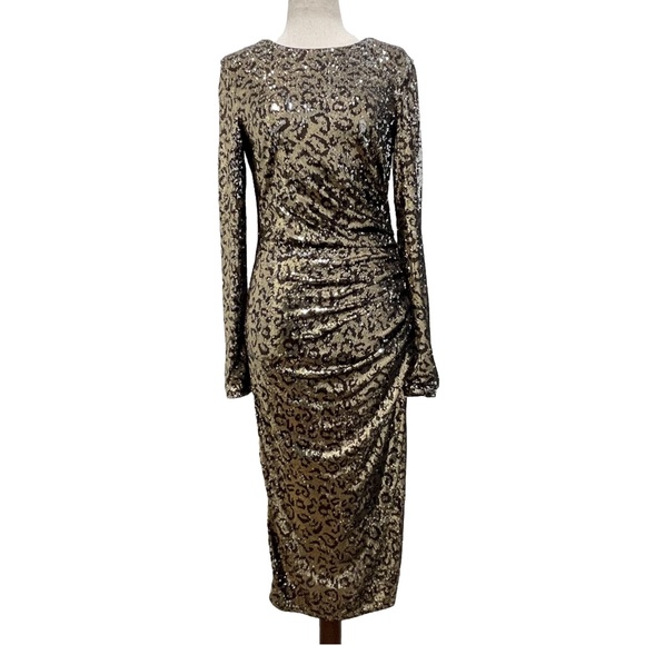 Dress The Population Emilia Leopard Gold Sequin Long SleeveDress Size Small Dress The Population Emilia Leopard Gold Sequin Long SleeveDress Size Small